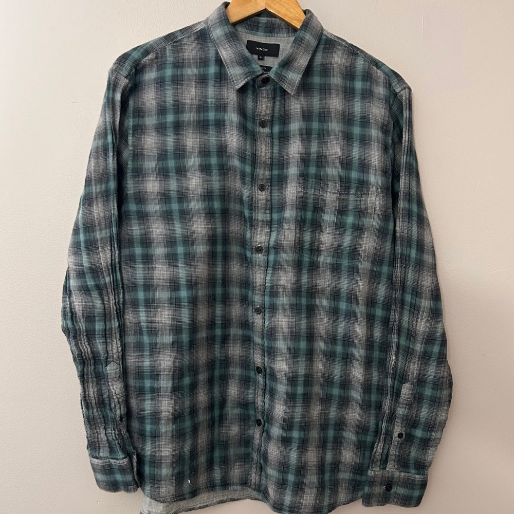 Vince Shirt Mens XL Blue Grey Plaid Long Sleeve Button Down Classic Fit Casual